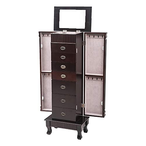 Large Standing Jewelry Armoire Storage Chest ,Standing Jewelry Armoire Cabinet With Makeup Mirror And Top Divided Storage Organizer, With 7 Drawers, 2 Swing Doors,16 Necklace Hooks, Dark Brown #TOP2