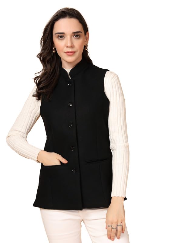 Image of Vastraa Fusion Solid Indian Traditional Ethnic Waistcoat Festive Woolen Nehru Jacket for Women