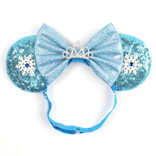 Adjustable Mouse Ears Headband with Crown, Ice Queen Elastic Hair Bow Hairband for Baby Girls Toddlers Teens2