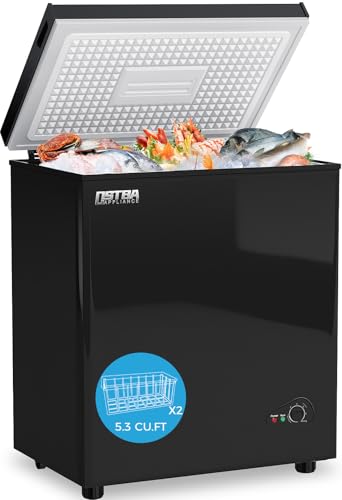 OSTBA 5.3 Cu.Ft Chest Freezer, Large Capacity Deep Freezer with 2 Removable Baskets, Bottom Wheels, 6-Level Temperature Control with Fast Freeze Mode, Energy Saving Quiet Freezer, Black
