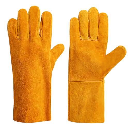 Solvio Heavy Duty Fire Gloves for Log Burner & Fireplace - Heat Proof Leather Welding Gauntlets with Long Sleeve Protection - Fire Resistant Safety Gloves for Stove Gardening Tig/Mig WelderHandling