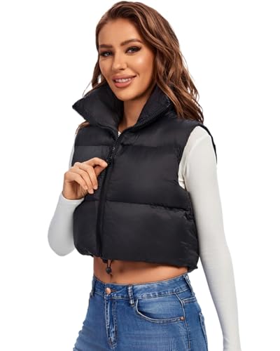 Fuinloth Women's Padded Vest, High Stand Collar Lightweight Zip Crop Puffer Gilet - Image 4
