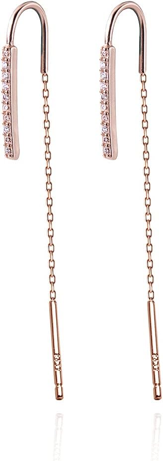 SLUYNZ 925 Sterling Silver Bar Threader Earrings Dangle for Women Teens CZ Chain Dangle Earrings Drop Tassel