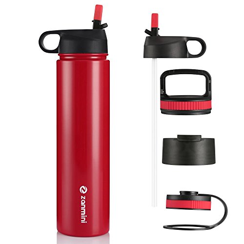 Zanmini Botella de agua 750ML, Botella deportiva acero inoxidable, Prueba de fugas, Sin BPA, Botella de aislamiento al vacío de capacidad grande (Rojo)