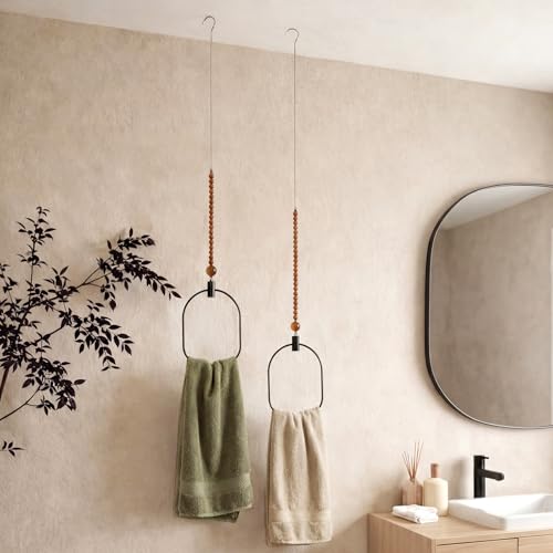 Maxdot 2 Pack Ceiling Hanging Towel Rack, Black Metal Vertical Towel Holder Ceiling Mounted with String Wooden Bead, Rustic Hand Towels Hanger Saving Space for Bathroom Kitchen Laundry Room, 59+8 Inch