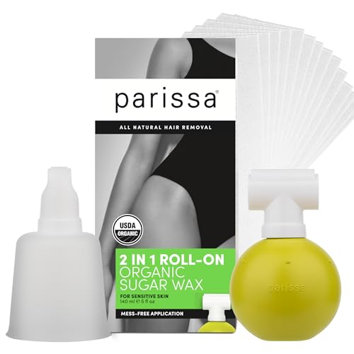 Parissa Organic Roll-On Sugar Wax | USDA Certified, 100% Natural, Gentle & Washable Formula for Sensitive Skin | At-Home Hair Removal Kit | 2 Applicator Heads, 20 Reusable Strips, 140ml (5 Fl Oz)