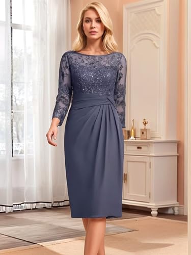 2 Pieces Mother of Bride Dress Women Chiffon Wedding Guest Party Dresses Tea Length Long Sleeve A-line Prom Gowns4