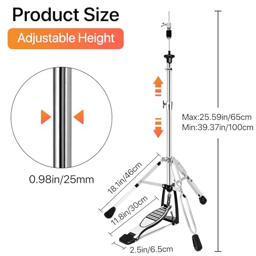 Image of 25mm Heavy Duty Hi Hat Stand, Double Braced 3-Leg Foldable Portable High Hat Stand, Thicker 25mm Tube for Pro Drummers, Adjustable Height Smooth Action Pedal for Crash Ride Splash Cymbals