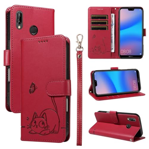 SATURCASE Funda para Huawei P20 Lite, Gato Lindo Cuero De La PU Magnético Billetera [Ranuras para Tarjetas] [Correa de Mano] Apoyo Protector Carcasa Estuche para Huawei P20 Lite (ZC-Rojo)