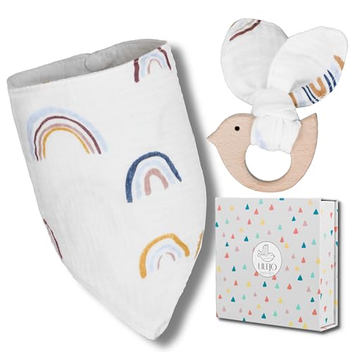 LILEJO Regalo de nacimiento – Pañuelo y garfio – con tarjeta de felicitación, Blanco, Talla única