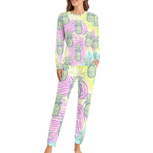 Pyjama femme avec t-shirt manches longues et pantalon Couleur des Ananas