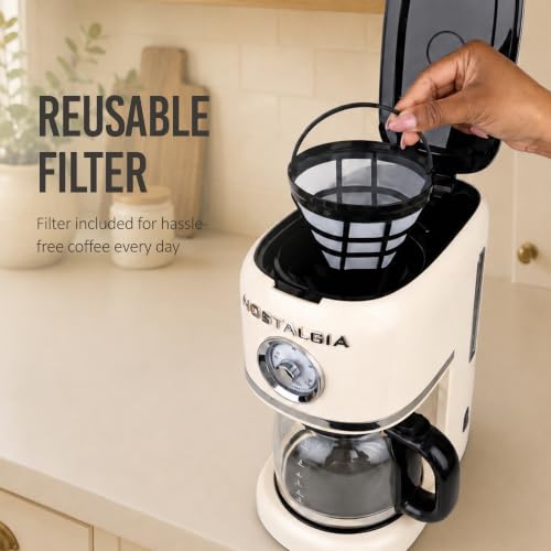 Image of Nostalgia Classic Retro 10 Cup Coffee Maker - One-Touch Drip Brew, Reusable Filter - Anti-Drip, Auto Shutoff, & Time Display - Dishwasher Safe 50 oz Carafe - Cream