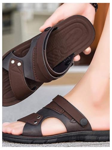 GORGLITTER Men's Beach Leather Sandals Slide Footwear Cut Out Studded Slippers Flat Shoes2