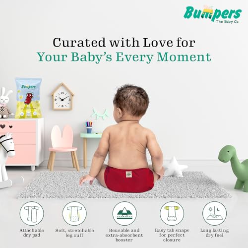 Image of Bumper Baby Reusable Cloth Diaper with Insert Pad | Leak-Proof, Super Absorbent & Ultra Soft | Adjustable & Washable Cloth Diaper | Prevent Rashes | Freesize 5-17Kg | (3M-3Y), Pack of 4, Red