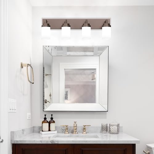 Image of Bathroom Light Fixtures, Oil Rubbed Bronze Bathroom Lighting Fixtures Over Mirror, Modern Vanity Light with White Glass Shade, Restroom Lighting Fixtures, 4-Light 30-inch