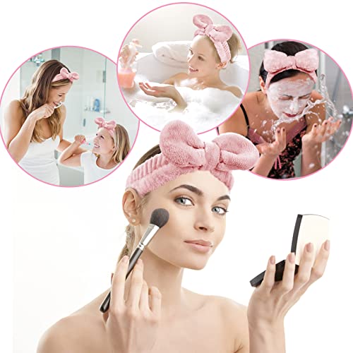 WLLHYF Spa Face Headbands Bow Makeup Hair Band Set Soft Elastic Washing Face Headbands Prevent Water Spilling Down Arms Spa Headband for Women Girls Skin Care Shower (Pink) - Image 4