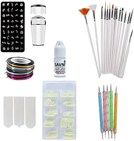 SAVNI nail art 15 pc brush and 10 wooden cuticle sticks ,100 pcs nail extensions , 10 nail tape , 1 pc 3 gm nail glue , stamping design plate with stamp and scrapper , and nail protector stickers