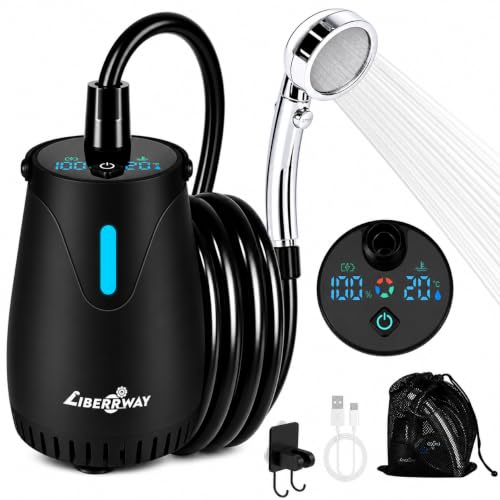 LIBERRWAY Camping Shower Pump,8000mAh Portable Shower for Camping Rechargeable with LED Display&Ambient Light, 5 Pressure Modes, IPX8 Waterproof, Outdoor Shower Kit for Travel,Hiking,Car, Pet