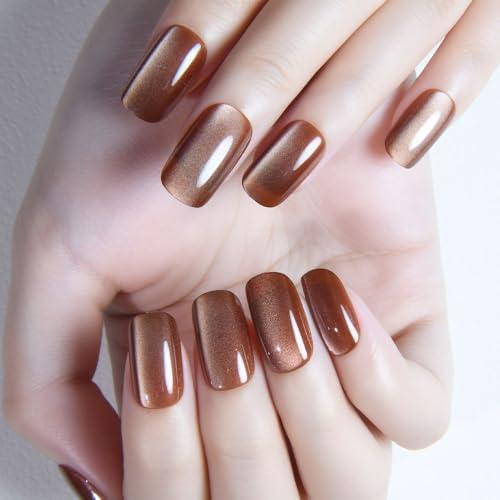Nude Brown Cat Eye Press on Nails Medium Square, Medium Square Pr...
