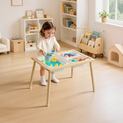Image of VEVOR Sensory Table for Toddlers, Wooden Kids Activity Table with Reversible Double-Sided Board, Storage Bins, and Non-Slip Feet, for Boys and Girls Playing Sand and Water, Drawing, Studying, Dining