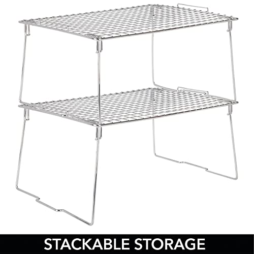 Mdesign Farmhouse Metal Stackable Storage Shelf - Closet, Cabinet, Countertop 2-Tier Raised Organizer - For Bedrooms, Bathrooms, Entryways, Hallways - 12" X 17" X 8.4" - 2 Pack - Chrome #TOP4