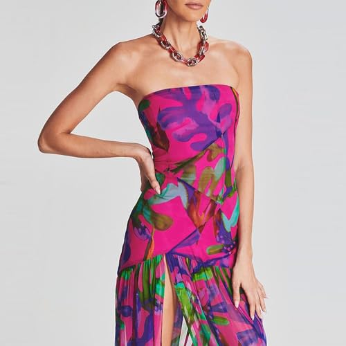 Image of Womens Strapless Maxi Dress Slim High Slit Mesh Long Dress Sexy Party Club Night Out Dress 2024 Summer Vacation