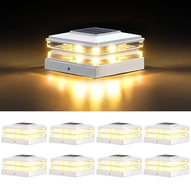 4x4 Solar Post Cap Lights Outdoor Waterproof 8 Pack Fence Deck Post Lights with High-Brightness LEDs, Dual Light Modes Warm & Cool White. (Classic White, 8)