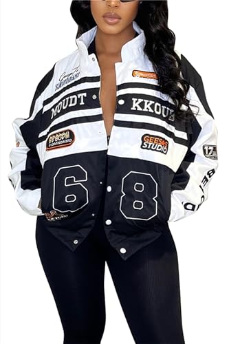 Veste de moto amovible CALEBGAR pour femme blouson noir avec lettres graphiques