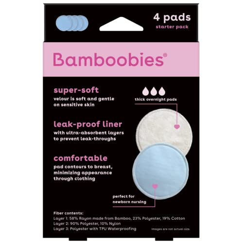 Bamboobies Reusable & Washable, Ultra-Absorbent Overnight Nursing Pads For Breastfeeding, Super Soft Rayon Made From Bamboo, Milk Proof Liner, Natural, 2.4 Oz, 4 Count #TOP6