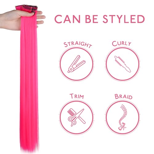 Image of WENNALIFE 12 PCS Hot Pink Hair Extensions Clip in, Colored Clip in Hair Extensions for Kids Highlights Rainbow Hair Clips for Girls Synthetic Straight Pop-up Style Colorful Girls Hair Accessories