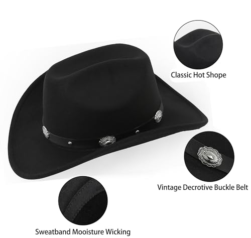 Image of Classic-Western-Cowboy-Hat Upturn-Brim Felt-Cowgirl-Hat Rodeo-Hats with Belt for Women Men (Fit for 22.4-23.2 inch)
