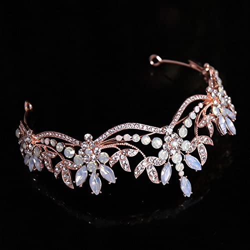 Diamentowa Tiara luksusowe różowe kryształowe koraliki liście diademy ślubne korony Rhinestone korowód Diadem panna młoda opaski ślubne akcesoria do włosów