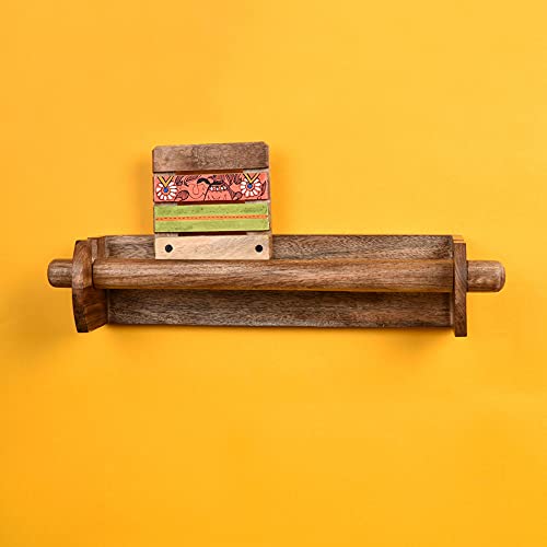 Image of Aakriti Art Creations Madhubani Art Wooden Towel Holder | Handcrafted Matte Finish Natural Brown Wall Mounted Towel Holder for Bath & Wash Area