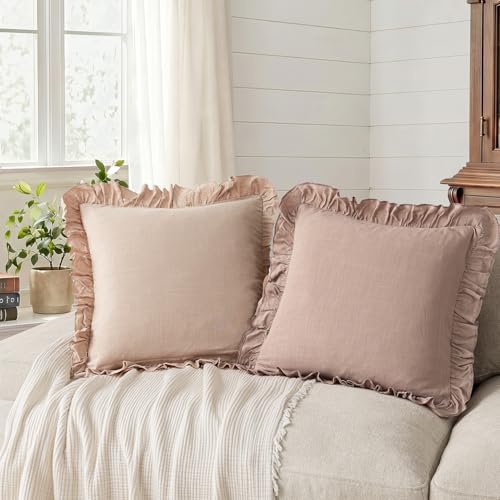 Image of Foindtower Set of 2 Decorative Linen Fringe Ruffle Throw Pillow Covers Soft Boho Farmhouse Cushion Cover Cozy Accent Retro Pillowcase for Couch Sofa Bed Living Room Home Decor,18x18 Inch,Light Pink
