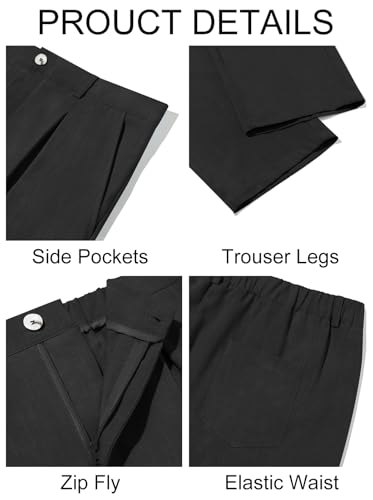 Image of Runcati Mens Casual Pants Elastic Waist Lightweight Loose Pleated Slacks | Summer Beach, Yoga Trousers, Button Closure, Straight Leg, With Pockets, Solid Color