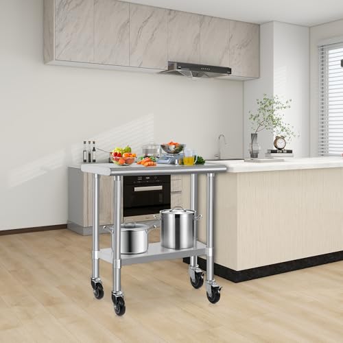 Image of HARDURA Stainless Steel Commercial Table Prep & Work Table with Casters Heavy Duty Metal Table with Wheels NSF 430 18x36 Inches
