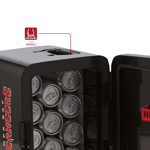 Image of Ukonic NFL Tampa Bay Buccaneers 15-Can Mini Fridge 10L - AC /DC Powered, Official Team Colors & Logo, Portable Cooler for Tailgates, Home, Office, or Car