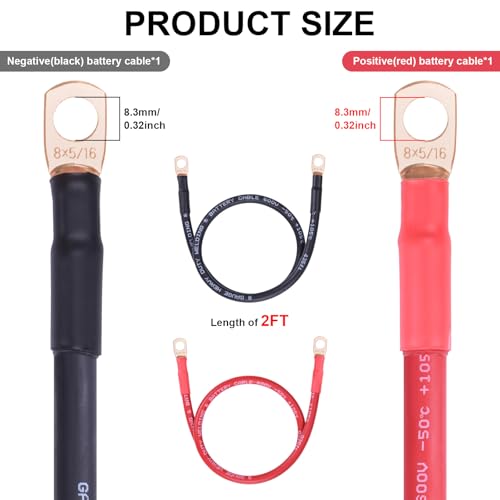 Image of iGreely 8 AWG Battery Cable,Flexible Pure Copper 8 Gauge Welding Battery Wire with 5 /16'' Lugs,Heavy Duty Cable for Automotive Marine Solar RV Marine DIY for Replacement Parts & Accessories 2ft /60cm