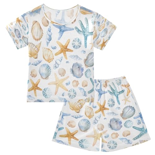 senya Short Sleeve Pajamas Sets Summer Cotton Sleepwear Cute Seashells and Starfish