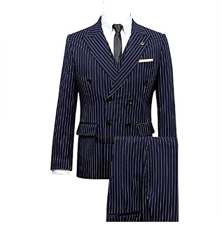 Mens 3 pcs Double Breasted Navy Blue with White Pinstriped 6 Buttons Slim Fit Suits Blazer Waistcoat Pants