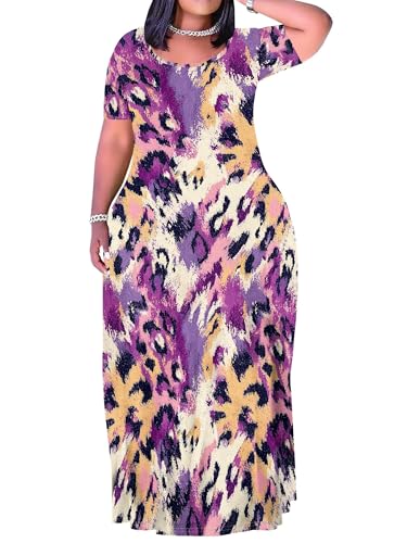 Image of PinkPatty Plus Size Dress for Women Casual Crew Neck Short Sleeve Maxi Dress Oversized Summer Beach Dresses with Pockets