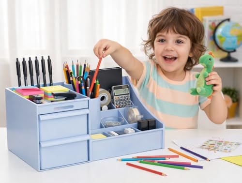 Image of ROKTRY Multi-Functional Desk Organizer for Office & Home - All-in-One Stationery Stand with 2 Drawers, Pen Holders,Premium Space-Saving Desktop Storage Box for Students,Gifting (Sky Blue)