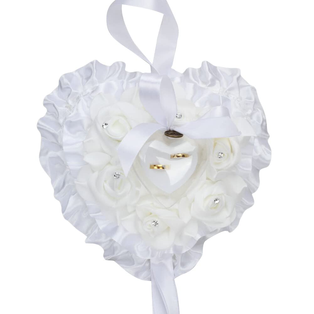 Zcargel Wedding Ring Bearer Pillow with White Bows,Romantic Heart Shaped Wedding Ring Pillow for Proposal Wedding Anniversary Valentine's Day