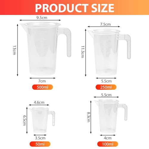 ADERTOS Measuring Jugs Set 50ml 100ml 250ml 500ml Clear Plastic Measuring Jugs Lab Graduated Beaker Measuring Cup with 4 PCS 3ml Pipettes Dropper, 4 PCS Stirrer Sticks for Kitchen Cooking Baking - Image 2