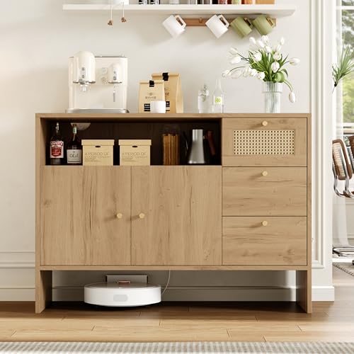 Moimhear Aparador de cocina, salón, 105 x 40 x 76 cm, con 2 puertas y 3 cajones, con ratán y asas doradas, color madera