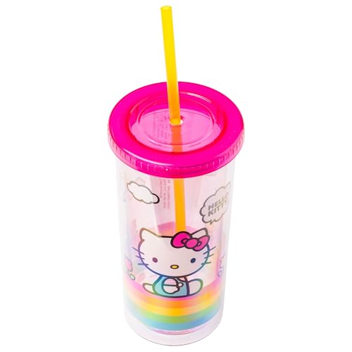 Image of Silver Buffalo Sanrio Hello Kitty Spring and Summer Flowers Rainbow Stripes Plastic Cold Cup with Lid and Straw, 20 Ounces | Flowers Rainbow Stripes, Includes Lid and Straw, 0.59 Liters