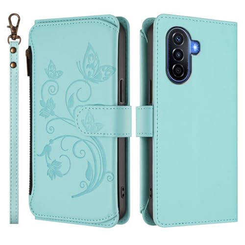 Wallet Case for Huawei Pura 50 4G Cover, Butterfly PU Leather Magnetic Closure Stand Phone Cover with 5 Card Holder Strap Shockproof for Women Protective Case for Huawei Pura 50 4G Shell (Mint)