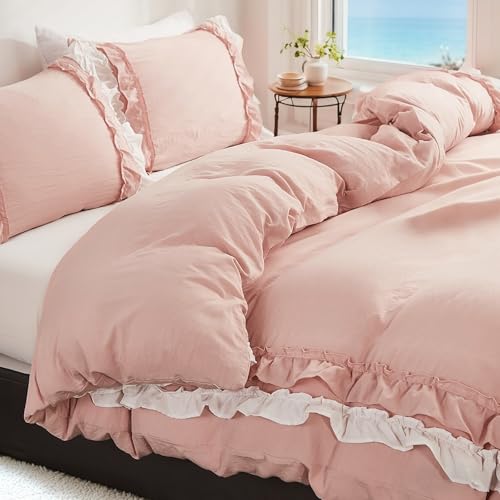 Wotcsil Housse de Couette Rose 140x200cm à Volants avec Taie d'oreiller 65x65cm Parure de Lit...