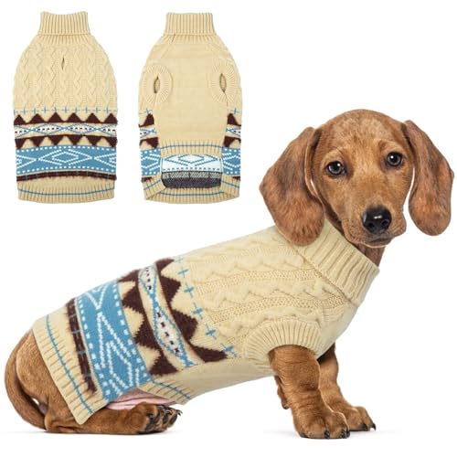 Hjumarayan Warme Hundepullover Mittelgroße Hunde - Fair Isle Pullover Hund mit Geschirr Öffnung, Weihnachtspullover Elastisch Hundepulli Winter Sweater für Shih Tzu, Mini Dackel, Beige M