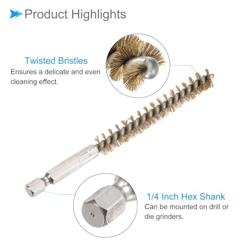 Image of Bore Brush, 10mm Dia 75mm Length, Brass Twisted Cleaning Wire Brushes with 1 /4 inch Hex Shank - (Applications: for Power Drill), 2-Pieces